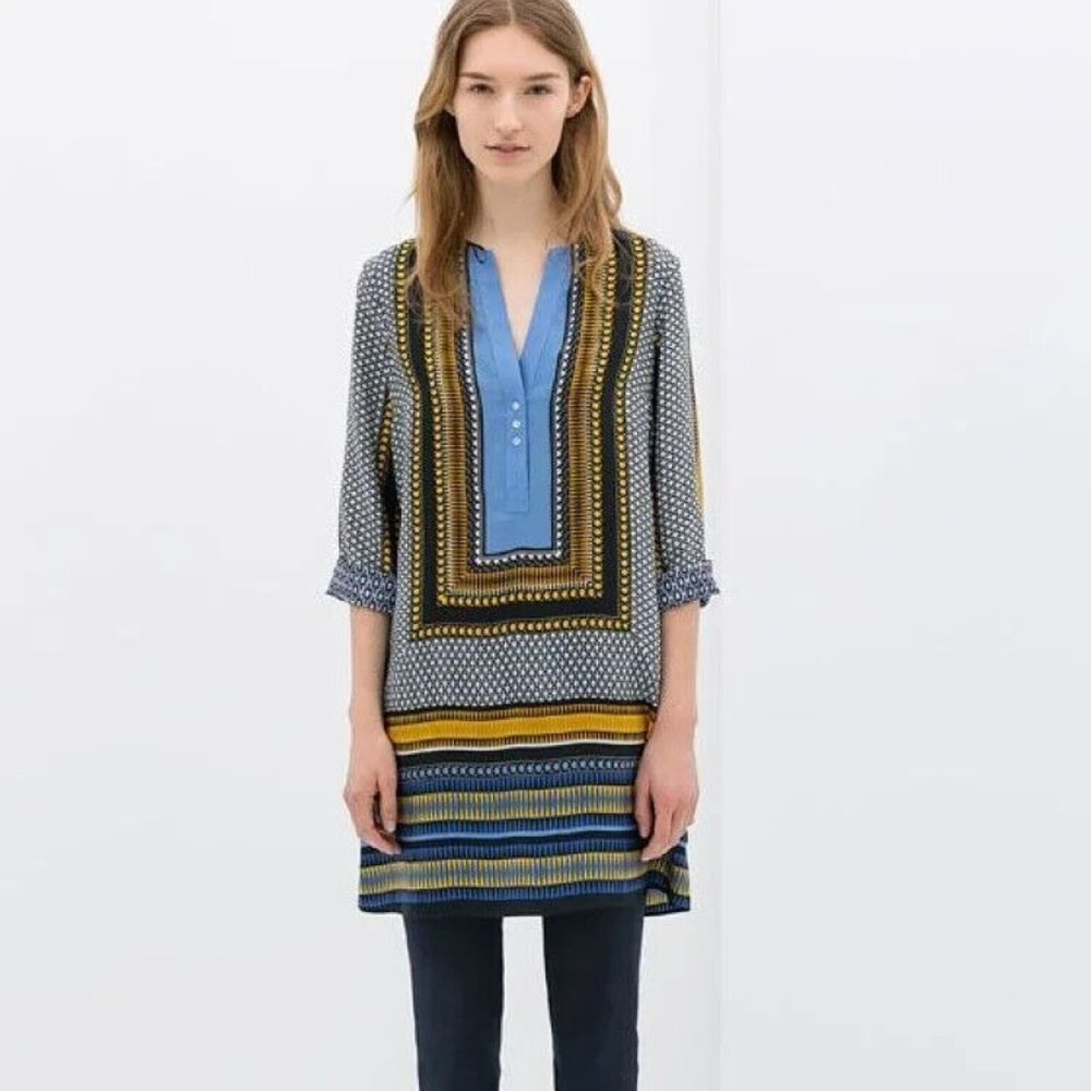 Chelsea and Theodore Women's Tunic Dress Size L Half Sleeve Mix Print Fabric